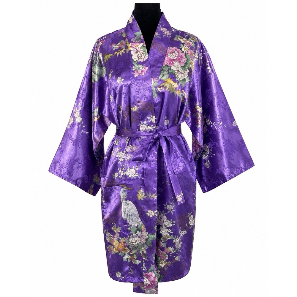 Vintage Japanese Kimono Crane Print Purple Satin Robe Marukyto Boho Art to Wear‎